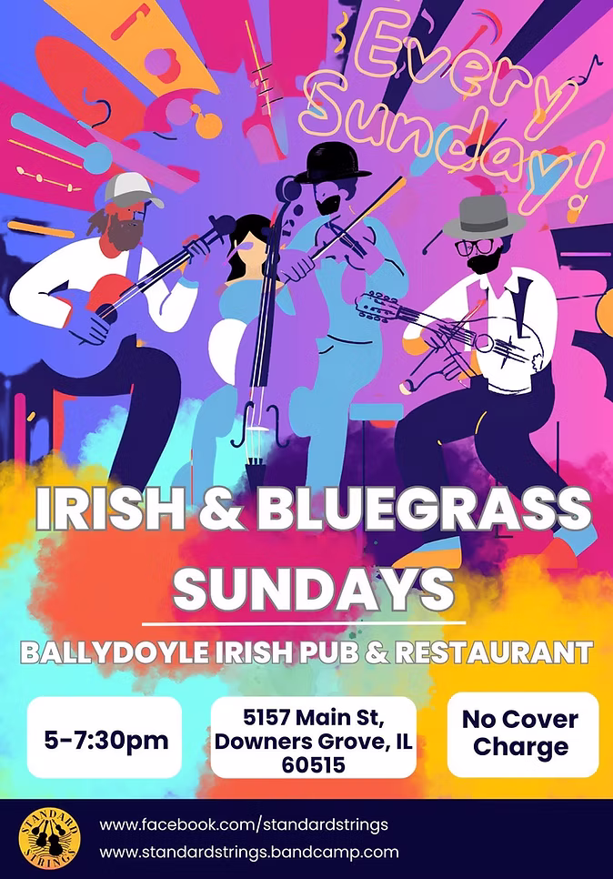 Colorful illustrated poster of four musicians playing instruments. Text reads: "Every Sunday! Irish &amp; Bluegrass Sundays, Ballydoyle Irish Pub &amp; Restaurant, 5–7:30pm, 5157 Main St, Downers Grove, IL 60515, No Cover Charge.