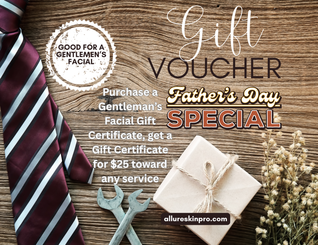 Flat lay image with a striped tie, wrench, wrapped gift, and dried flowers on a wooden surface. Text promotes a Father's Day special for a gentlemen’s facial gift voucher from allureskinpro.com.